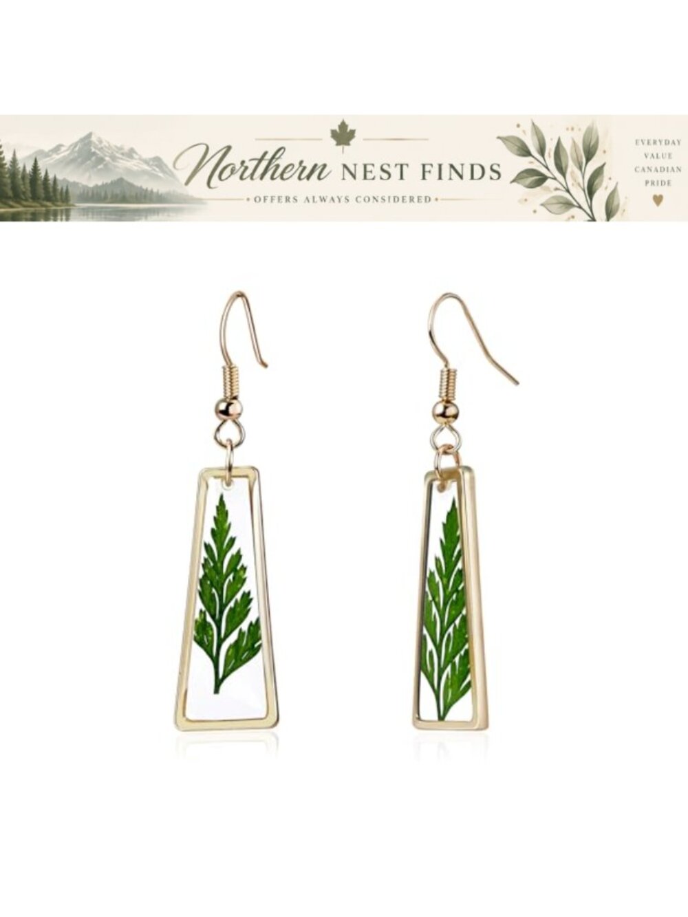 Handmade Pressed Green Leaf Earrings 14K Gold Plated Resin Plant Dangle